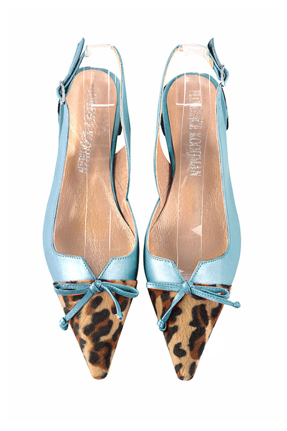 Safari black and sky blue women's open back shoes, with a knot. Pointed toe. Flat flare heels. Top view - Florence KOOIJMAN